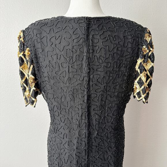 Laurence Kazar Gold Sequin Argyle Black Beaded Silk Evening Gown Women’s Size XL - Picture 6 of 15